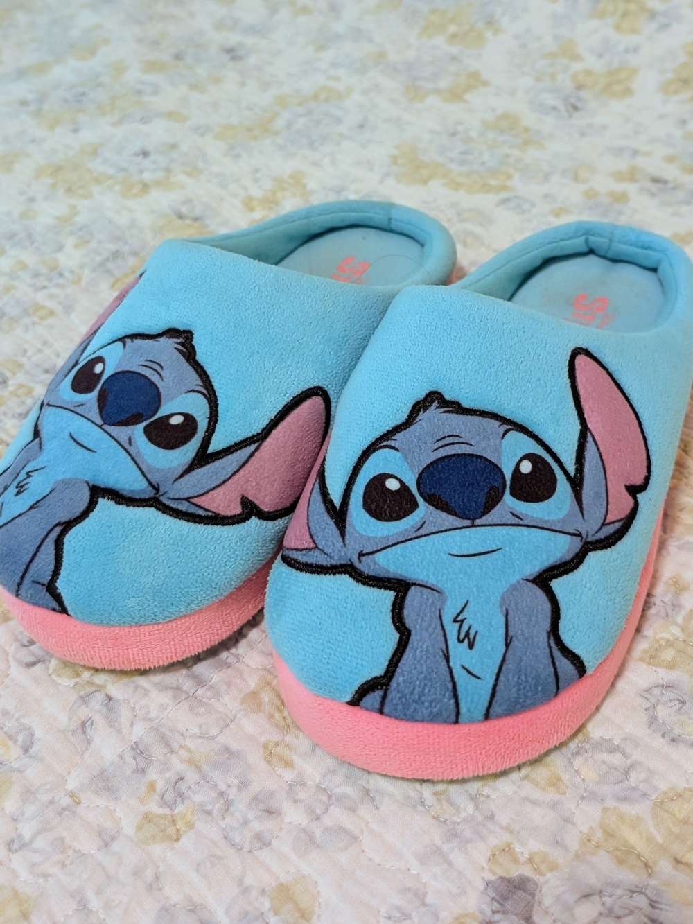 Disney Light Blue Stitch Slip-On Plush Slippers with Pink Accent